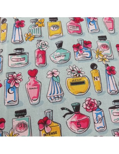 Tissu coton cretonne parfum multicolore fond bleu turquoise - Tissus Ameublement habillement au mètre