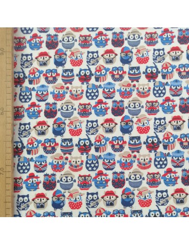 Zoom Tissu coton cretonne petit hibou blanc bleu - Tissus Ameublement habillement au mètre