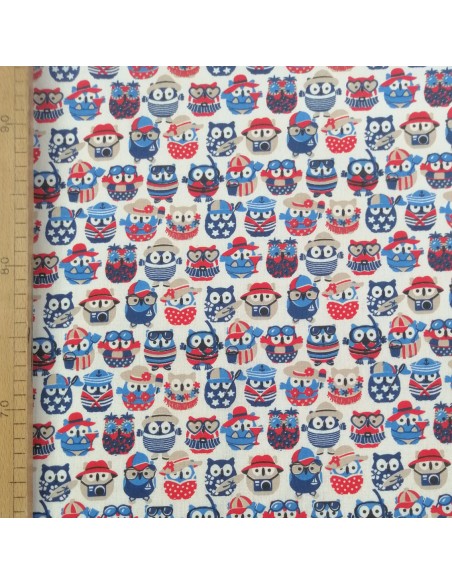 Zoom Tissu coton cretonne petit hibou blanc bleu - Tissus Ameublement habillement au mètre