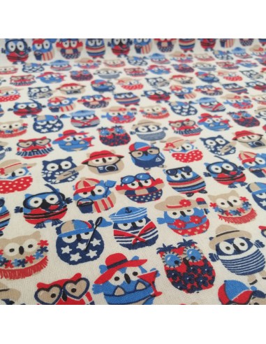 Zoom Tissu coton cretonne hiboux fantaisie bleus blanc - Tissus Ameublement habillement au mètre