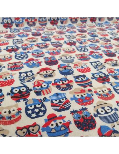 Zoom Tissu coton cretonne hiboux fantaisie bleus blanc - Tissus Ameublement habillement au mètre