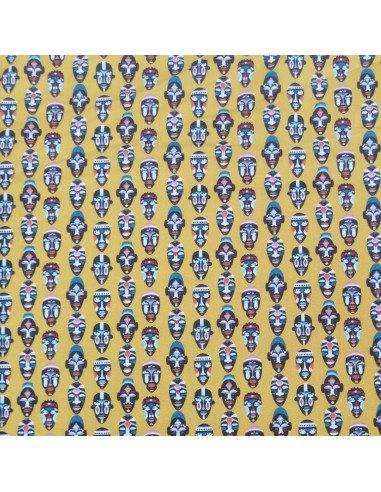 Tissu coton cretonne masque africain jaune - Tissus Ameublement habillement au mètre