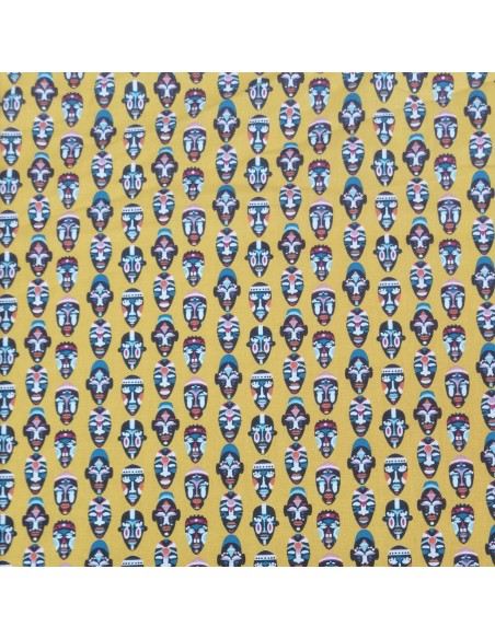 Tissu coton cretonne masque africain jaune - Tissus Ameublement habillement au mètre
