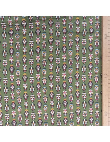 Zoom Tissu coton cretonne masques africains verts - Tissus Ameublement habillement au mètre