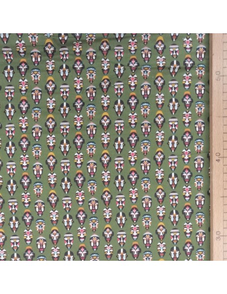 Zoom Tissu coton cretonne masques africains verts - Tissus Ameublement habillement au mètre