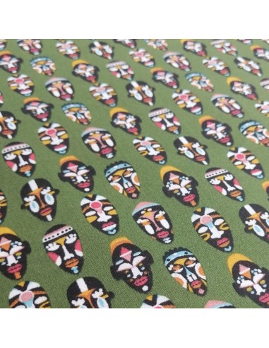 Zoom Tissu coton cretonne petit masque d'Afrique vert - Tissus Ameublement habillement au mètre