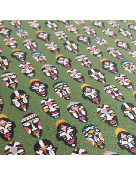 Zoom Tissu coton cretonne petit masque d'Afrique vert - Tissus Ameublement habillement au mètre