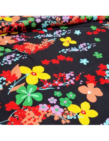 Tissu viscose noire fleur multicolore made in Italie - drapé top jupe fluide - Tissus Habillement au mètre