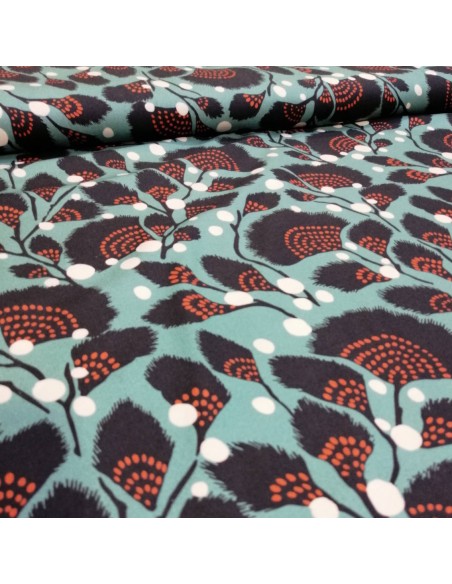 Zoom Tissu bleu viscose plume noire pois blanc orange - drapé top jupe fluide - Tissus Habillement au mètre Biarritz