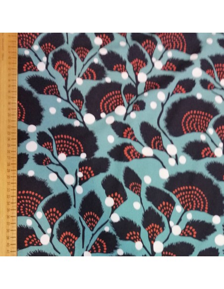 Tissu viscose bleue plume noire orange - drapé top jupe fluide - Tissus Habillement au mètre Biarritz