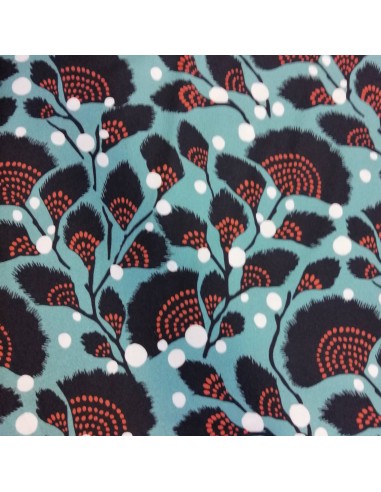 Tissu viscose plumes noires orangées fond bleu - drapé top jupe fluide - Tissus Habillement au mètre