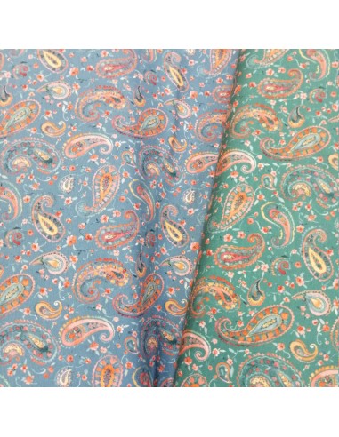 Zoom Tissu Jersey coton 2 coloris  paisley orange fond vert ou bleu - Tissus habillement vente en ligne - vetement couturiere