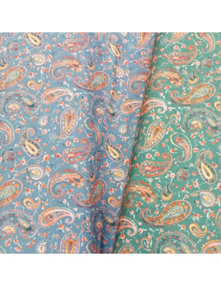 Zoom Tissu Jersey coton 2 coloris  paisley orange fond vert ou bleu - Tissus habillement vente en ligne - vetement couturiere