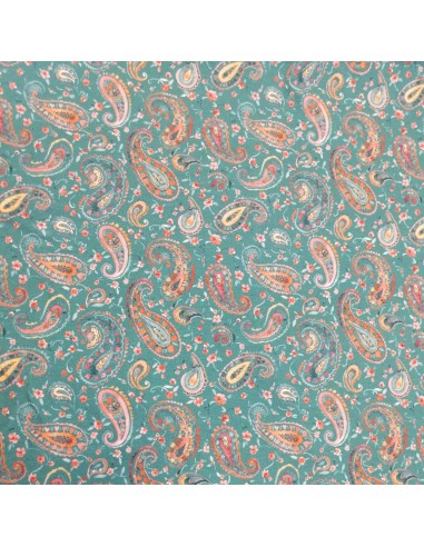 Tissu Jersey coton Oeko-tex imprimé cachemire paisley orange fond vert - Tissus habillement vente en ligne - vetement couturiere