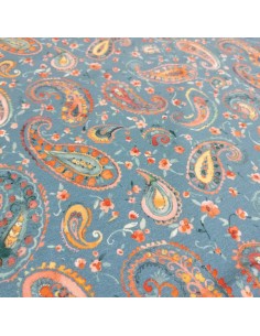 Tissu Jersey coton Oeko-tex imprimé cachemire paisley orange fond bleu - Tissus habillement vente en ligne - vetement couturiere 2