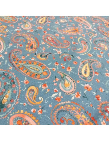 Zoom Tissu Jersey coton imprimé cachemire paisley orange fond bleu - Tissus habillement vente en ligne - vetement couturiere