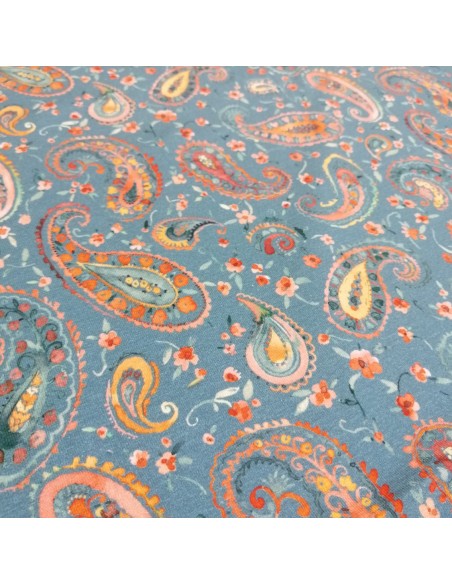 Zoom Tissu Jersey coton imprimé cachemire paisley orange fond bleu - Tissus habillement vente en ligne - vetement couturiere