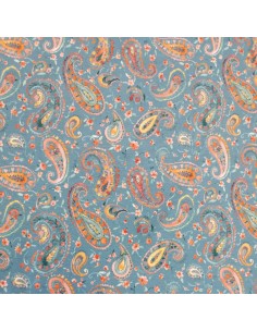 Tissu Jersey coton Oeko-tex imprimé cachemire paisley orange fond bleu - Tissus habillement vente en ligne - vetement couturiere