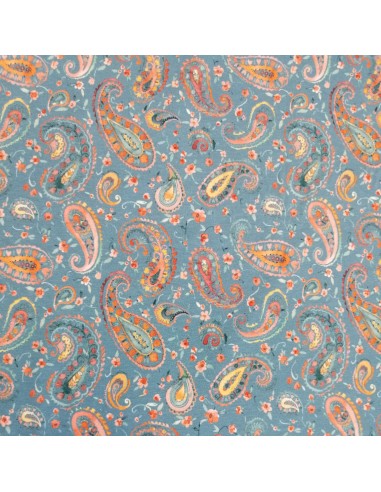 Tissu Jersey coton Oeko-tex imprimé cachemire paisley orange fond bleu - Tissus habillement vente en ligne - vetement couturiere