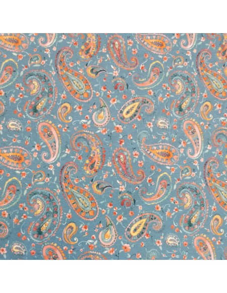 Tissu Jersey coton Oeko-tex imprimé cachemire paisley orange fond bleu - Tissus habillement vente en ligne - vetement couturiere