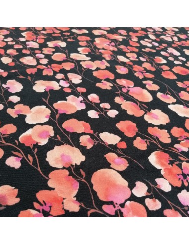 Zoom Tissu Jersey sweat Bio gratté impression digitale fleurs rose fond noir - tissus habillement au mètre - vente en ligne