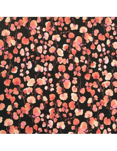Tissu Jersey sweat Bio gratté impression digitale fleurs rose fond noir - tissus habillement au mètre - vente en ligne