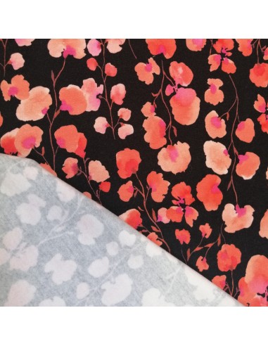 Tissu Jersey sweat gratté noir Bio impression digitale fleurs roses - tissus habillement au mètre - vente en ligne