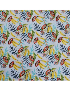 Jersey coton fruits exotiques bananes papaye passion fond bleu ciel - tissu habillement au mètre - vente en ligne