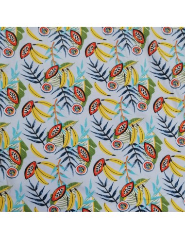 Jersey coton fruits exotiques bananes papaye passion fond bleu ciel - tissu habillement au mètre - vente en ligne