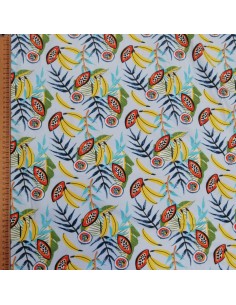Jersey coton fruits exotiques bananes papaye passion fond bleu ciel - tissu habillement au mètre - vente en ligne 2
