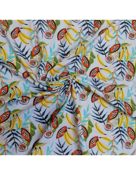 Tissu Jersey coton bleu ciel fruits exotiques bananes papaye passion - tissus habillement au mètre - vente en ligne