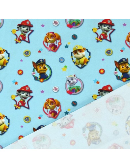 Zoom Tissu Jersey coton bleu portraits chiens de la Pat' Patrouille - Tissus habillement au mètre vente en ligne
