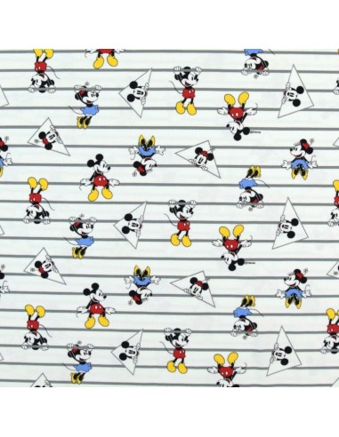 Tissu enfant Jersey coton blanc rayure Mickey et Minnie - Tissus habillement au mètre vente en ligne - vetement couturiere