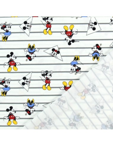 zoom Tissu enfant Jersey coton blanc rayures Mickey Minnie - Tissus habillement au mètre vente en ligne - vetement couturiere