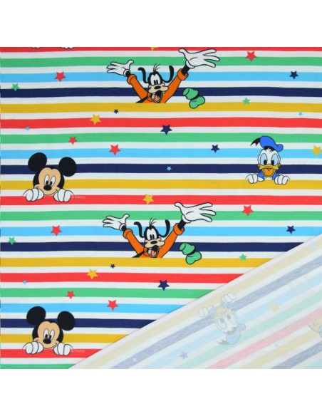zoom Tissu enfant Disney Jersey coton rayure Mickey Dingo Donald Pluto - Tissus habillement au mètre vente en ligne