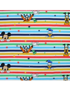 Tissu enfant Disney Jersey coton rayure Mickey Dingo Donald Pluto - Tissus habillement au mètre vente en ligne