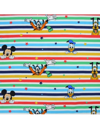 Tissu enfant Disney Jersey coton rayure Mickey Dingo Donald Pluto - Tissus habillement au mètre vente en ligne