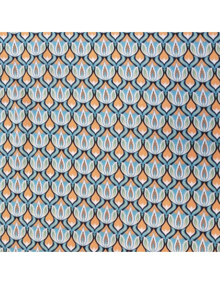 Tissu  Crêpe ogivale polyester turquoise orange blanc - tissus habillement au mètre - vetement couturiere - Dock Biarritz