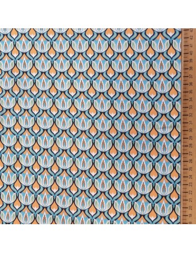 Zoom Tissu  Crêpe ogivale polyester bleu turquoise orange blanc - tissus habillement au mètre - vetement couturiere Biarritz
