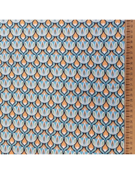 Zoom Tissu  Crêpe ogivale polyester bleu turquoise orange blanc - tissus habillement au mètre - vetement couturiere Biarritz