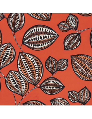 Tissu toile coton FANNY rouge corail feuille fruit THEVENON - Tissus d'ameublement au mètre rideaux coussin réfection siège