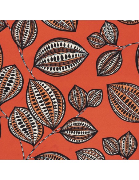 Tissu toile coton FANNY rouge corail feuille fruit THEVENON - Tissus d'ameublement au mètre rideaux coussin réfection siège