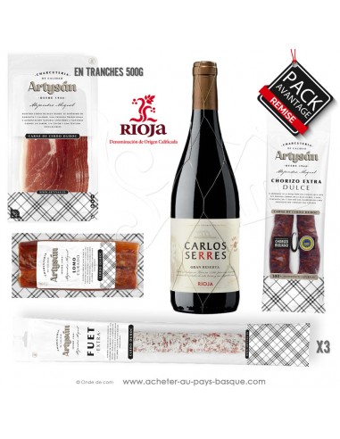 Apéro charcuteries espagnoles Fuet, chorizo, Jambon Espagnol Serrano Reserva, lomo et Vin Espagnol