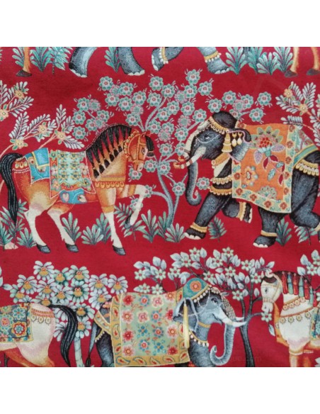 Tissu jacquard BOHEMIAM RHAPSODI fond rouge - Tissus Ameublement Thevenon au mètre - rideaux coussin tête de lit réfection siège