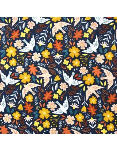 Tissu Velours cotelé milleraie coton bleu marine petites fleurs Poppy flowers - Tissus habillement au mètre vente en ligne