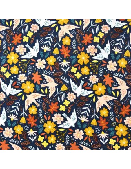 Tissu Velours cotelé milleraie coton bleu marine petites fleurs Poppy flowers - Tissus habillement au mètre vente en ligne