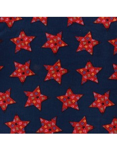 Tissu Velours cotelé milleraie coton bleu marine etoiles rouges petites fleurs - Tissus habillement au mètre vente en ligne