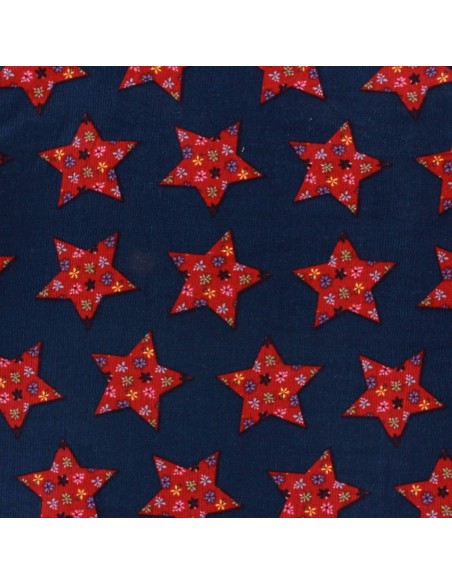 Tissu Velours cotelé milleraie coton bleu marine etoiles rouges petites fleurs - Tissus habillement au mètre vente en ligne