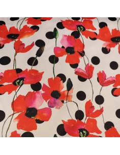 Tissu Satin de polyester fleuri imprimé coquelicots pois noirs -Tissus habillement au mètre - mercerie biarritz