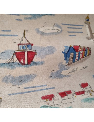 Toile polycoton thème marin bateau de pêche plage  -Tissus Ameublement au mètre pour rideaux coussins réfection